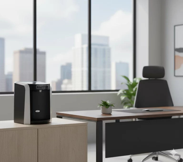 A sleek black and silver Polaris Water Cooler sits on a light wood cabinet in a modern executive office with a city skyline view through large windows.