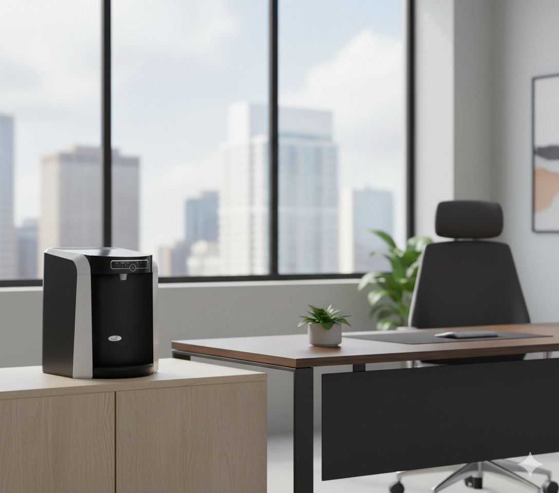 A sleek black and silver Polaris Water Cooler sits on a light wood cabinet in a modern executive office with a city skyline view through large windows.