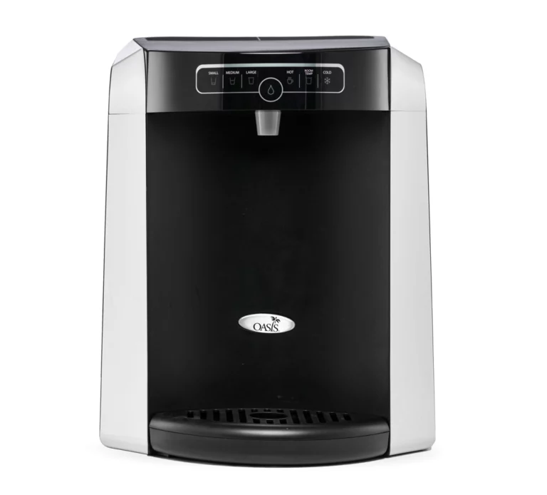 Front view of a Polaris Water Cooler Oasis countertop water dispenser with a top-mounted touch interface and a silver logo on a white background.