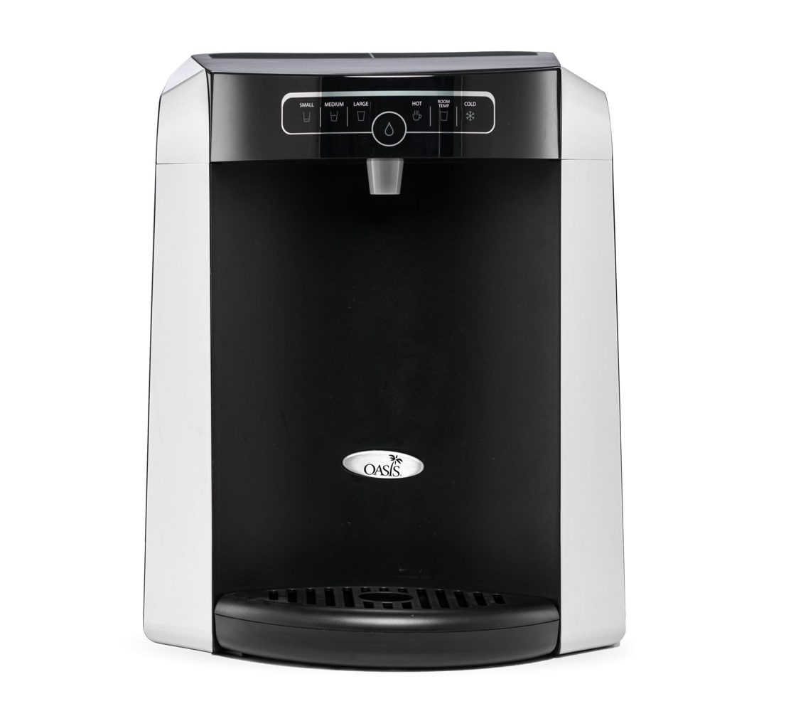 Front view of a Polaris Water Cooler Oasis countertop water dispenser with a top-mounted touch interface and a silver logo on a white background.