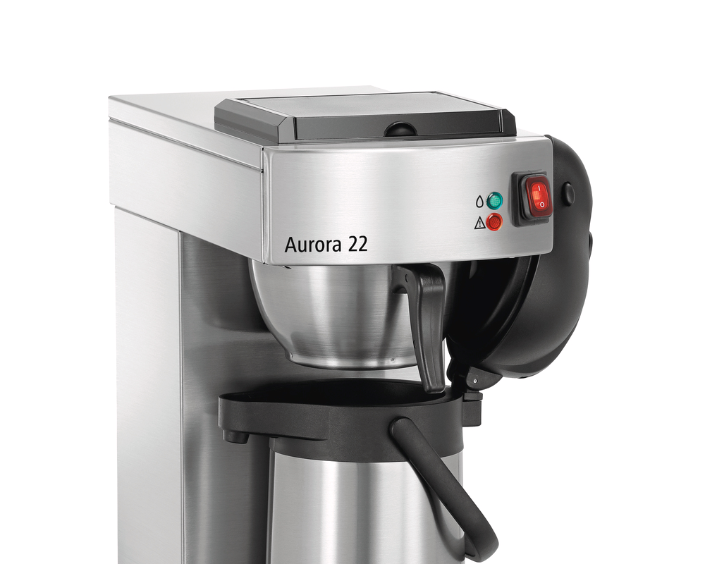 A professional studio shot of the upper section of an Aurora 22 stainless steel filter coffee machine, showing the brew head, control switch, and the top of a thermal airpot.
