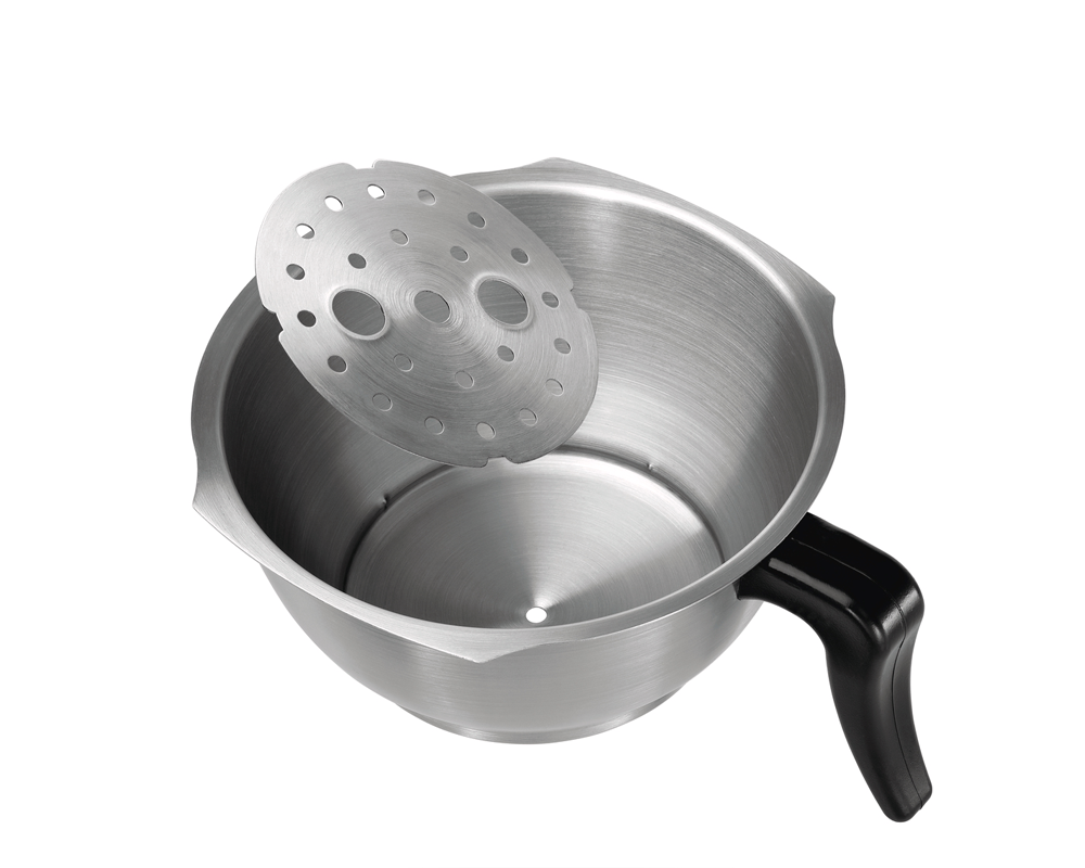 An isolated studio shot of a heavy-duty stainless steel coffee filter basket and its perforated spreader plate, featuring a robust black ergonomic handle.