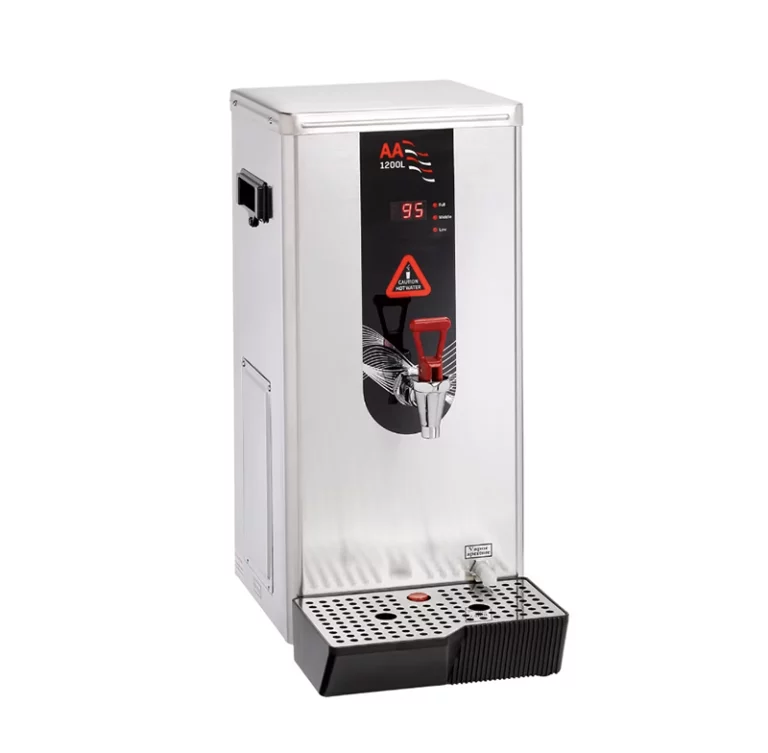 An angled, three-quarter product shot of the AA 1200L high-capacity water boiler against a white background, featuring its digital 95-degree display and stainless steel casing.