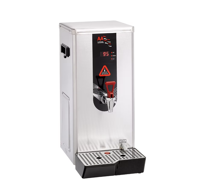 An angled, three-quarter product shot of the AA 1200L high-capacity water boiler against a white background, featuring its digital 95-degree display and stainless steel casing.