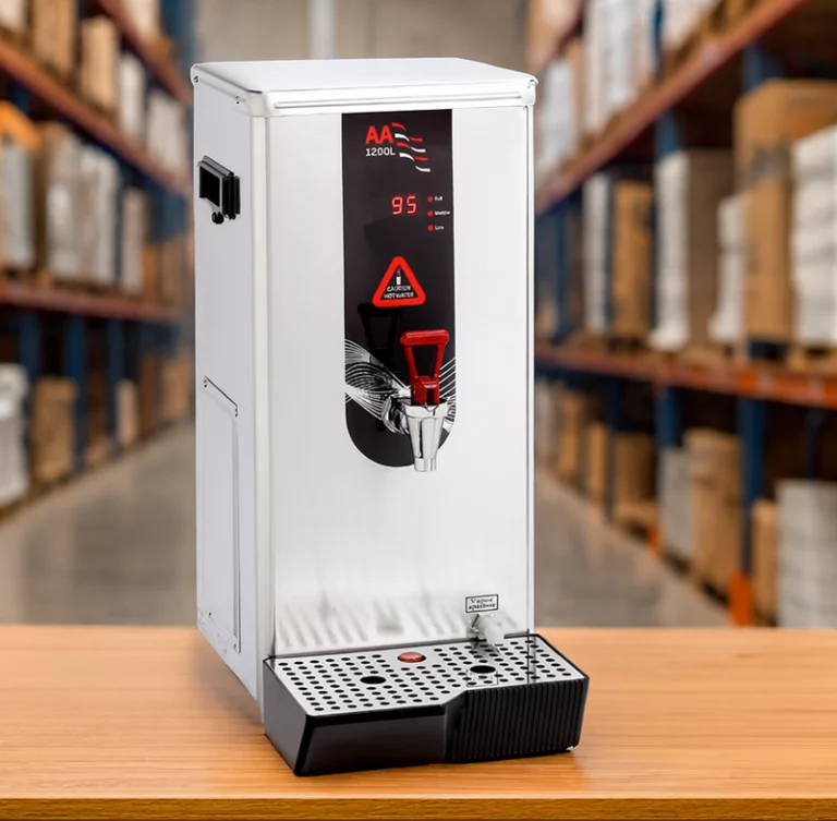 An AA 1200L stainless steel water boiler with a digital temperature display showing 95 degrees, situated on a wooden table with a blurred warehouse background filled with stocked pallet racking.