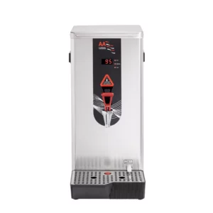 A professional front-facing product shot of the AA 1200L stainless steel water Heavy Duty Boiler against a white background, featuring a digital temperature display showing "95" and a red dispensing tap.