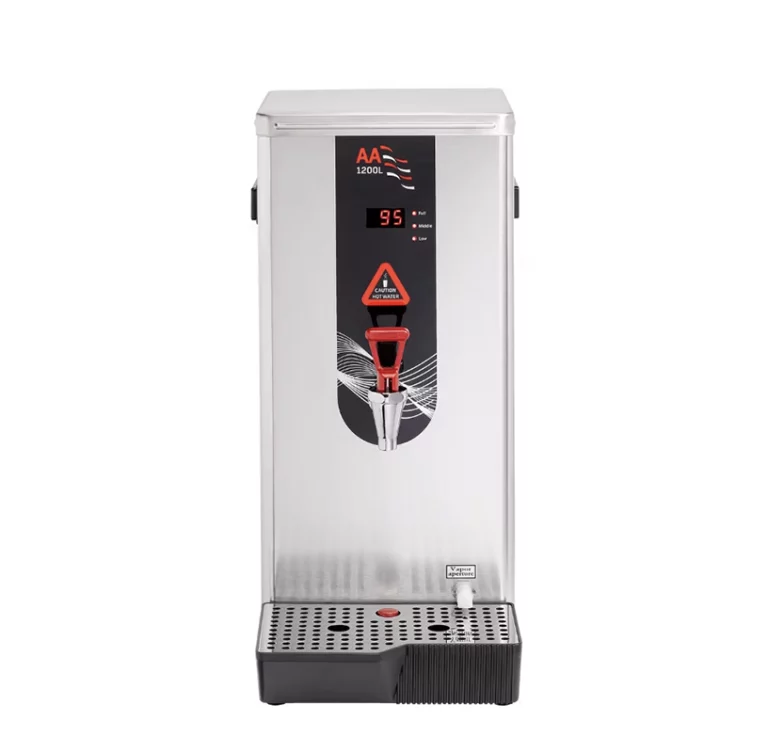 A professional front-facing product shot of the AA 1200L stainless steel water Heavy Duty Boiler against a white background, featuring a digital temperature display showing "95" and a red dispensing tap.