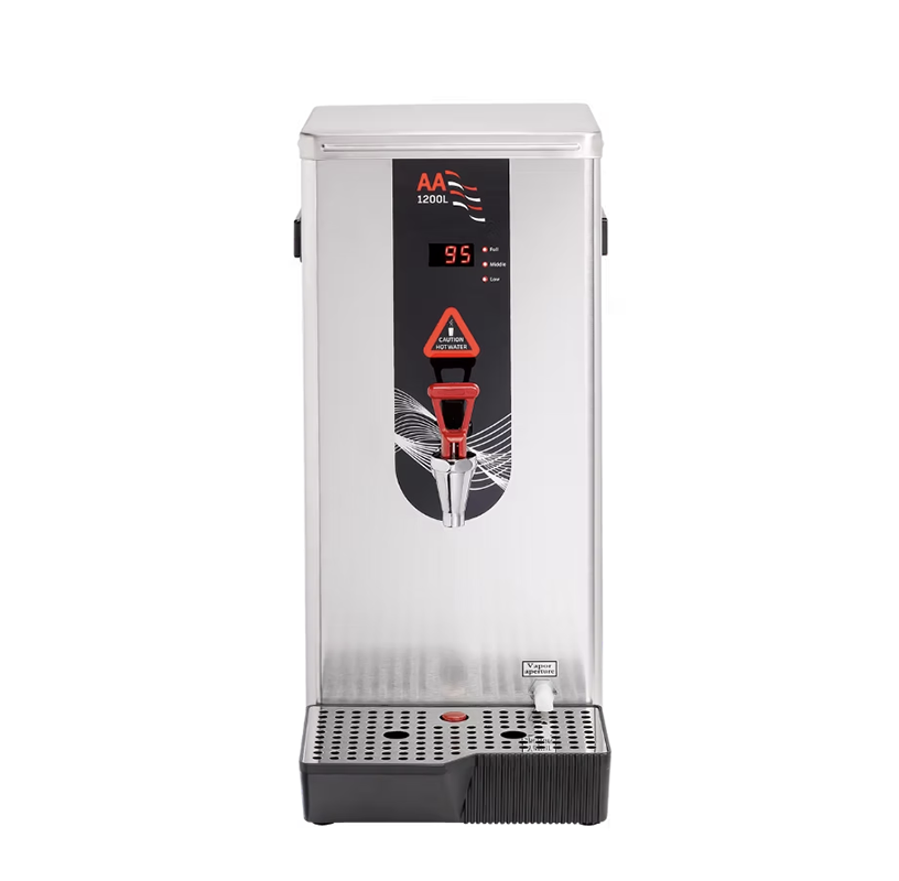 A professional front-facing product shot of the AA 1200L stainless steel water Heavy Duty Boiler against a white background, featuring a digital temperature display showing "95" and a red dispensing tap.