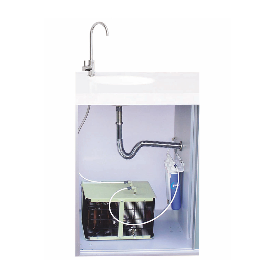 A cutaway view of an B2B under-sink cabinet showing a water filtration and chilling system connected to a chrome tap on the countertop above.