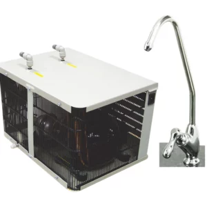 A professional studio shot of B2B Undercounter Chiller & Tap, featuring a large condenser grill and top-mounted water line connectors.
