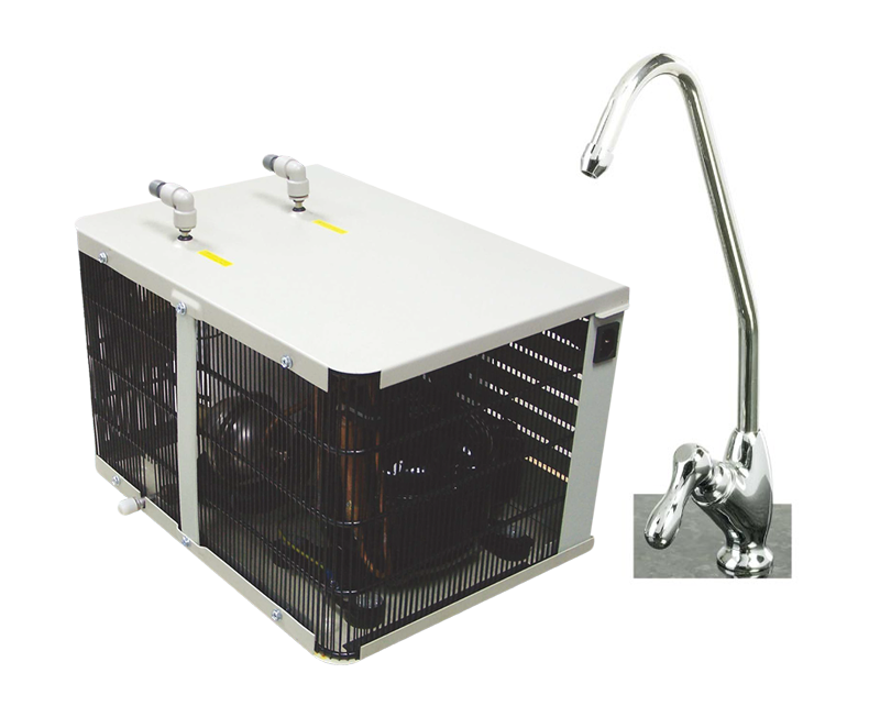 A professional studio shot of B2B Undercounter Chiller & Tap, featuring a large condenser grill and top-mounted water line connectors.