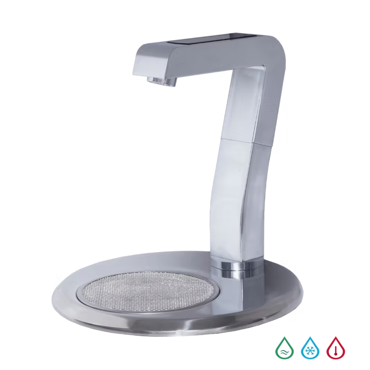 A sleek, angular chrome Ezytap water dispensing tap with a square-profile neck and a circular drip tray, featuring icons for ambient, chilled, and hot water options.
