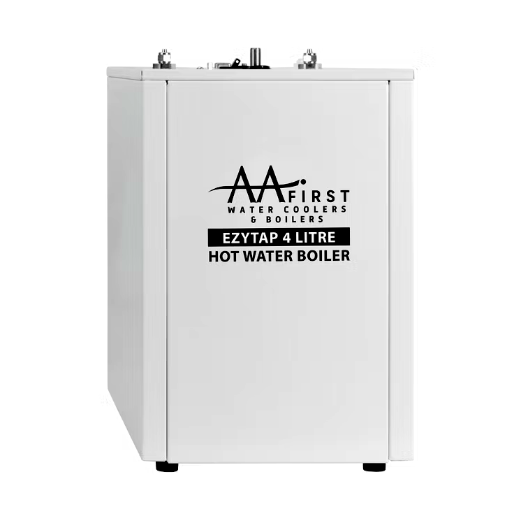 A professional product shot of a white AA First EzyTap 4 Litre Hot Water Boiler unit against a white background.