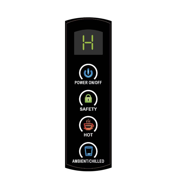 A vertical black touch-control panel for an Ezytap featuring a digital "H" display and backlit icons for Power, Safety, Hot, and Ambient/Chilled water.