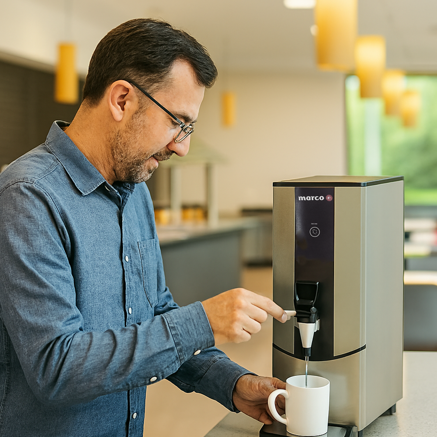 A man in a denim shirt dispensing hot water from a Marco EcoBoiler PB5 into a white mug in a modern office canteen, with warm pendant lighting in the background.