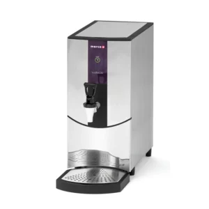 A professional studio product shot of the Marco Ecoboiler T5 on a white background, featuring a stainless steel body, a single green "Power" LED on a purple interface panel, and a black manual dispensing tap.