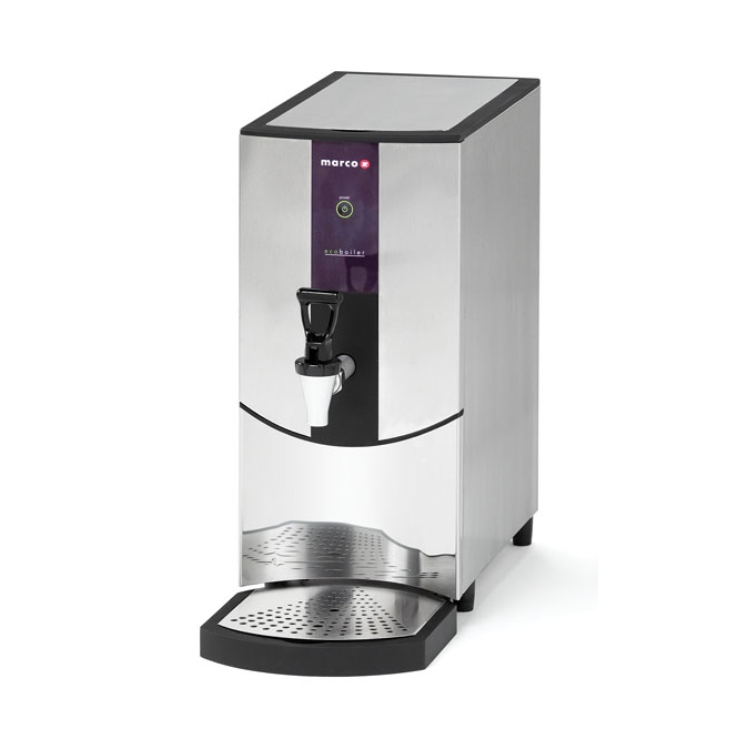 A professional studio product shot of the Marco Ecoboiler T5 on a white background, featuring a stainless steel body, a single green "Power" LED on a purple interface panel, and a black manual dispensing tap.