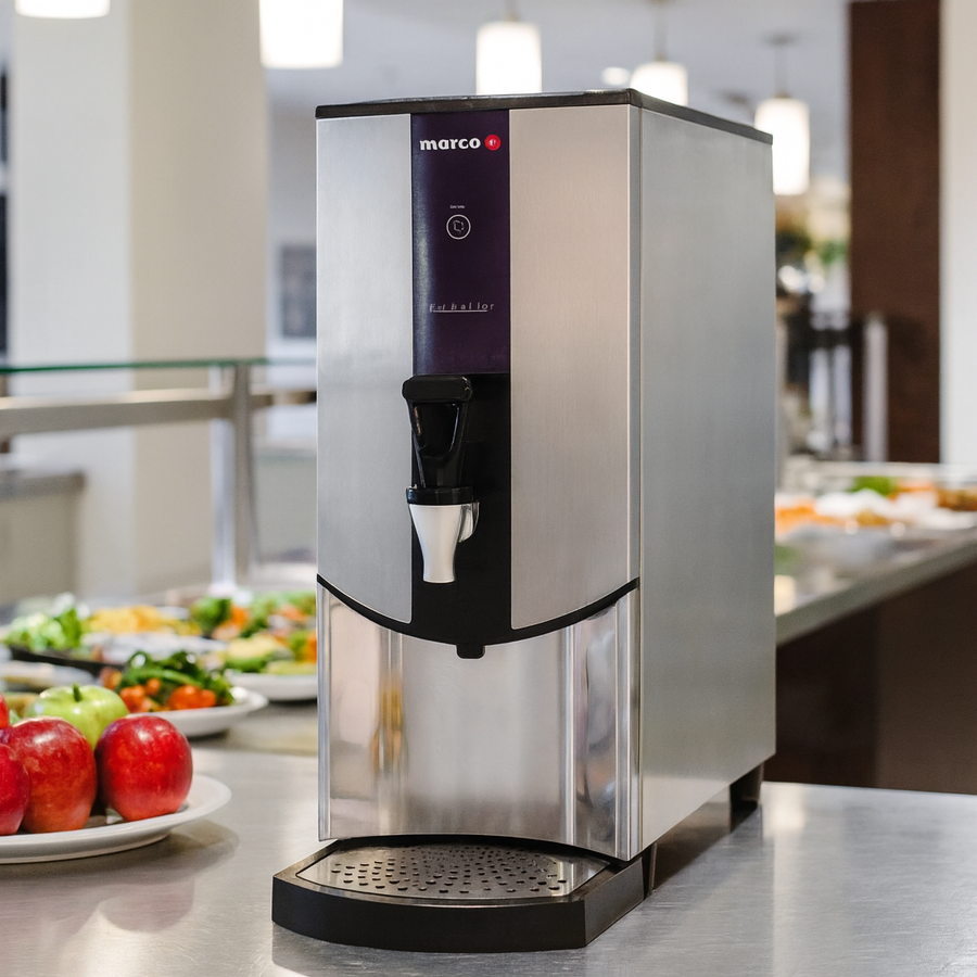 A Marco Ecoboiler on a white countertop in a bright office cafeteria, with fresh apples and salads in the foreground and blurred dining tables by a window in the background.