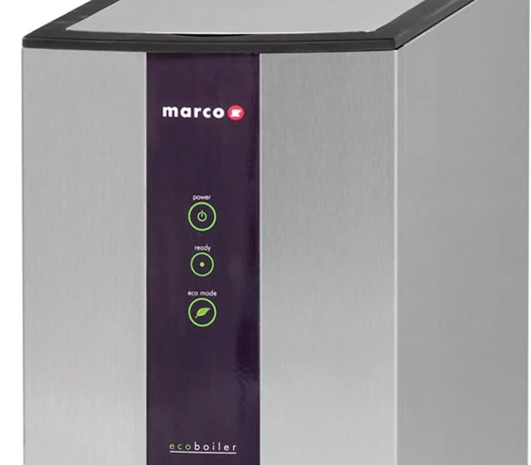 An extreme close-up of the Marco Ecoboiler’s vertical purple interface panel, highlighting the green LED icons for Power, Ready, and Eco Mode, with the "ecoboiler" branding at the bottom.
