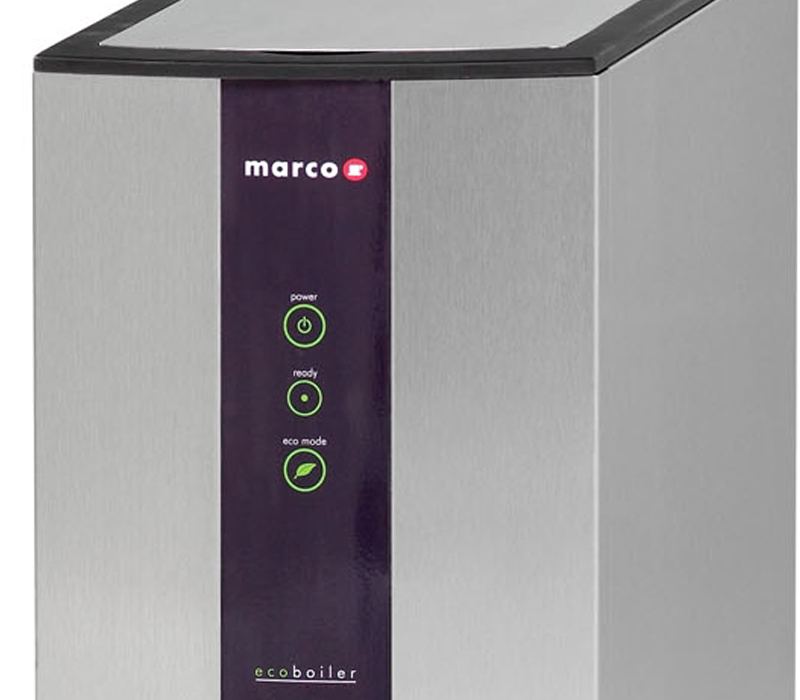 An extreme close-up of the Marco Ecoboiler’s vertical purple interface panel, highlighting the green LED icons for Power, Ready, and Eco Mode, with the "ecoboiler" branding at the bottom.