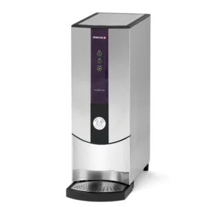 A professional studio product shot of a Marco Boiler PB10 EcoSmart with a push-button dispensing mechanism, featuring three green LED status icons (Power, Ready, Eco Mode) on a purple vertical panel.