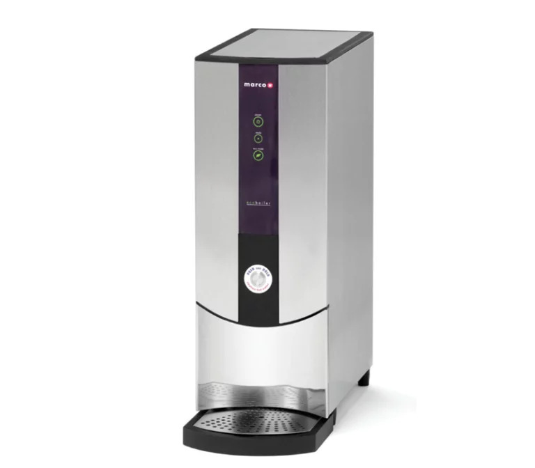 A professional studio product shot of a Marco Boiler PB10 EcoSmart with a push-button dispensing mechanism, featuring three green LED status icons (Power, Ready, Eco Mode) on a purple vertical panel.