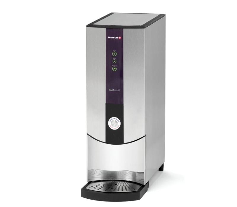A professional studio product shot of a Marco Boiler PB10 EcoSmart with a push-button dispensing mechanism, featuring three green LED status icons (Power, Ready, Eco Mode) on a purple vertical panel.