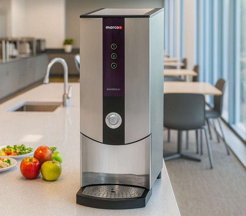 A Marco Ecoboiler on a white countertop in a bright office cafeteria, with fresh apples and salads in the foreground and blurred dining tables by a window in the background.