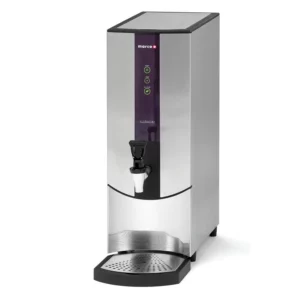 A professional studio product shot of the Marco Ecoboiler T10 against a white background, featuring a stainless steel body, a purple interface strip with green LED status icons, and a traditional black manual tap.