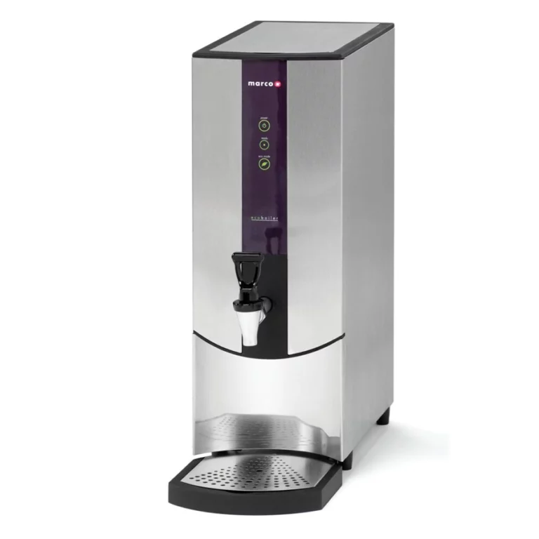 A professional studio product shot of the Marco Ecoboiler T10 against a white background, featuring a stainless steel body, a purple interface strip with green LED status icons, and a traditional black manual tap.
