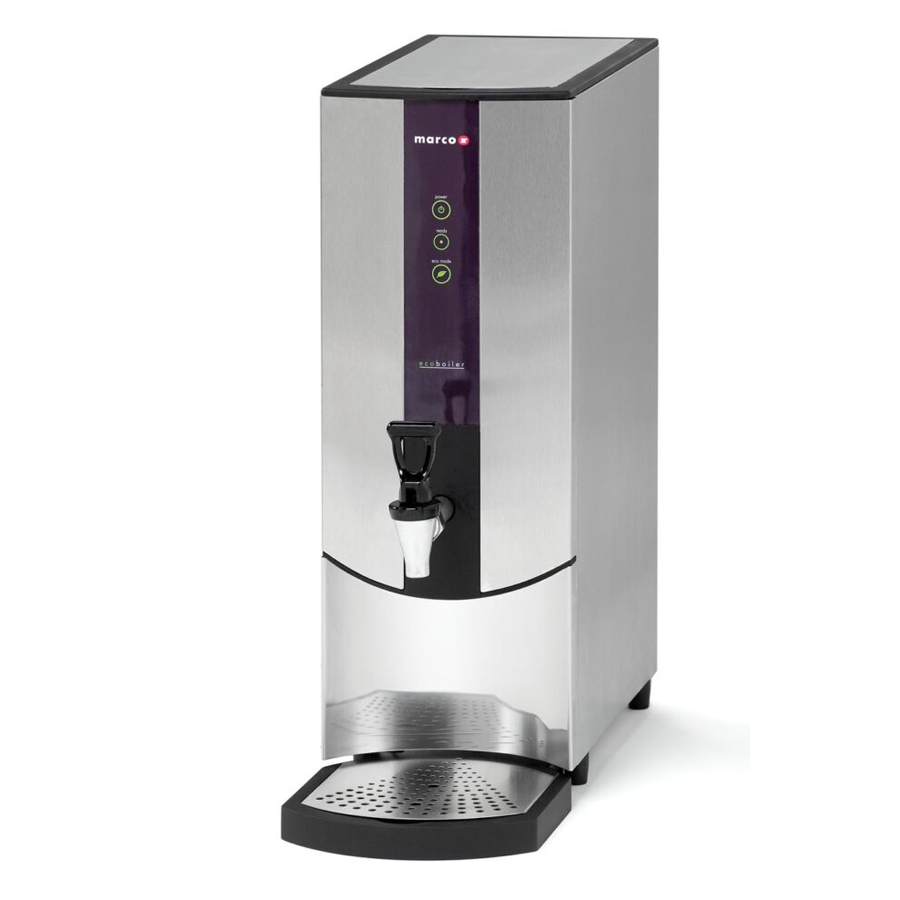 A professional studio product shot of the Marco Ecoboiler T10 against a white background, featuring a stainless steel body, a purple interface strip with green LED status icons, and a traditional black manual tap.