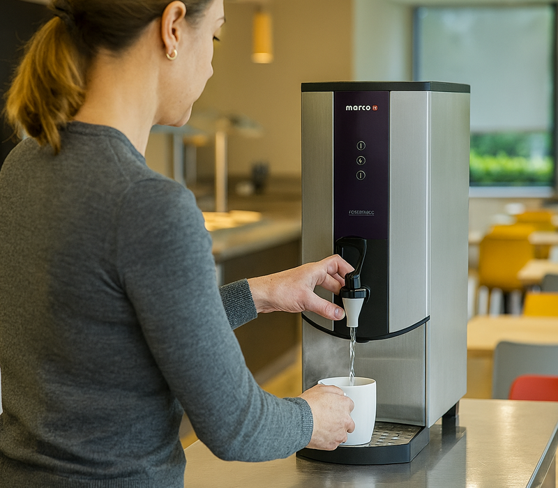 A person in a grey sweater dispensing hot water from a Marco Ecoboiler into a white ceramic mug, set against a blurred background of a modern office canteen with yellow chairs.