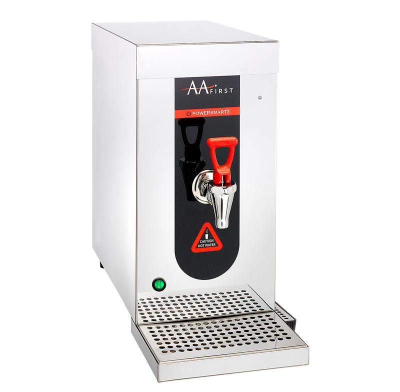 A professional, full-body product shot of the AA First PowerSmart 3 hot water boiler against a white background, showing its stainless steel construction and red dispensing tap.