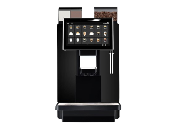 A professional front-facing studio B1500 shot of a high-capacity black bean-to-cup coffee machine featuring two separate hoppers on top and a wide digital touchscreen interface.