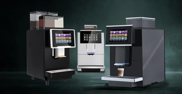 Commercial office coffee machine rental - A high-resolution product lineup featuring three distinct bean-to-cup coffee machines—a high-capacity multi-hopper model on the left, a minimalist white model in the center, and a sleek black flagship model on the right—set against a dark, atmospheric background.