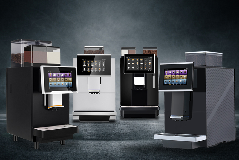 A wide-angle product lineup featuring four distinct professional bean-to-cup coffee machines—including high-capacity, white-panel, and flagship black models—all arranged against a dark, moody background with atmospheric smoke.