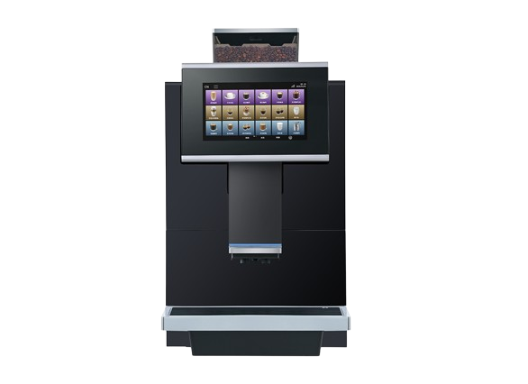 A front-facing studio N500 shot of a premium black bean-to-cup coffee machine with a large illuminated touchscreen and a clear bean hopper on top.